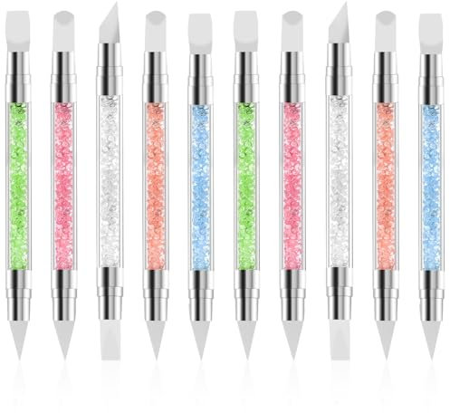 Xinjoduz 10PCS Flat Edge Silicone Nail Tools, Dual Tipped Nail Art Sculpture Pen Rubber Nail Applicator Tool Nail Polish Brush Dotting Tools Rhinestone Nail Polish Carving Pen for Home Salon (5 Color)