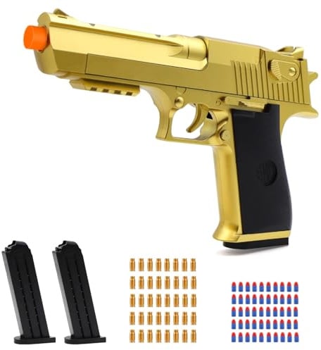 Trokiomi Gold Soft Bullet Toy Gun Shell Ejecting for Boys, Shooting Game Toy Pistol with 50 Foam Bullets, 40 Shells & 2 Clips, Ideal Christmas Birthday Gift for Boys Adults