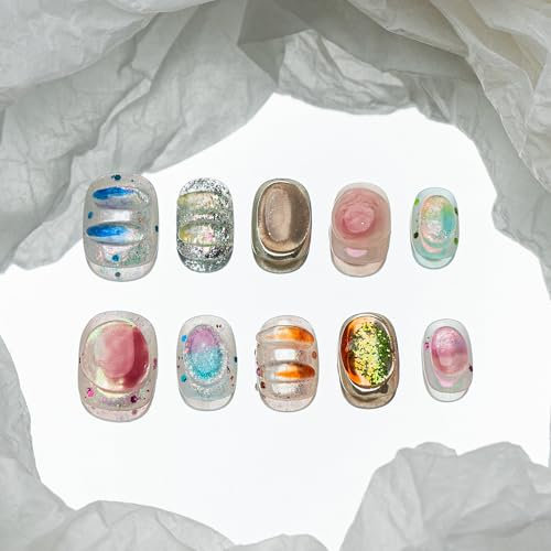 Sun&Beam Nails Handgefertigte Kunstnägel Kurz Squoval Rund Nägel zum Aufkleben in Blau Grün Orange Lila Ombre Handgemalt 3D Design mit Klebepads 10 Stück (#206 S)