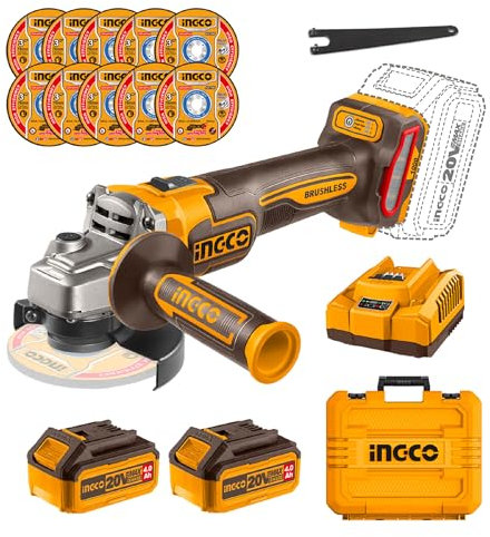INGCO 20V Cordless Angle Grinder 115mm, 1000W, Brushless Motor, 3 Varibale Speed 3000/6000/ 9000RPM with 2Pcs 4.0Ah Battery, 1Pcs Charger for Cutting, Grinding, Polishing and Sharpening CAGLI271532