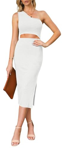 Pink Queen Damen Cut Out Midikleid Ärmellos One Shoulder Midi Bodycon Seiten Schlitz Kleid Gerippt Freizeit Lang Weiß S
