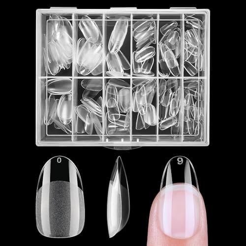 Nicedeco Short Almond Nail Tips, Press on Nails, Clear Full Cover Natural False Nails Gel X Nails for Extensions, Acrylic Nails, Resin Clear Strong False Nails 12 Sizes 216PCS