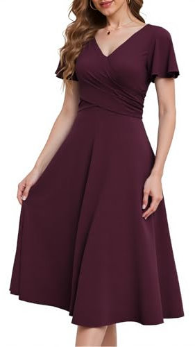 Fynadressr Cocktail Dresses for Women Semi Formal V-Neck Tea Party Dress Short Sleeve Ruched Wrap A Line Midi Dress with Belt Burgundy L