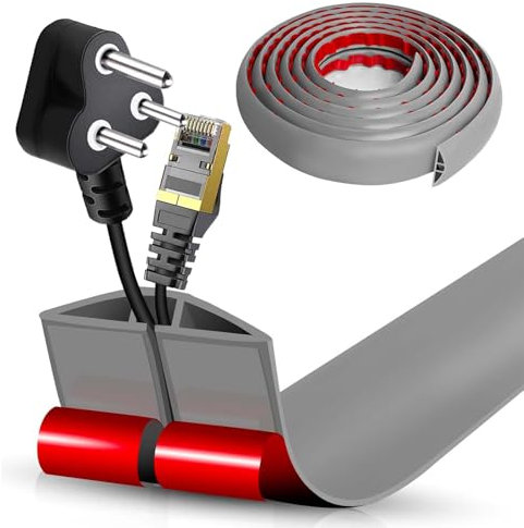 Goulotte de Câble au Sol Auto-Adhésive | Passage de Câbles Plat & Flexible | Protection Anti-Trébuchement pour Bureau & Maison (Cendre, 5cm x 1m)