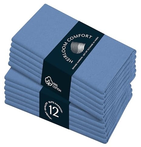 Heirloom Comfort Himmelblaue Stoffservietten, 43 x 43 cm, 100% Baumwolle, wiederverwendbar, weich, maschinenwaschbar, ideal für Frühling, Sommer, Babyparty, Strand, Hochzeit, Empfänge, Geburtstage