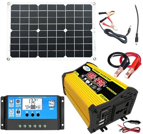Conjunto De Energía Solar Portátil - Kit Completo De Energía Solar, 220V Inversor Corriente 4000W Con 2 Puertos USB, 30A Controlador Carga Solar, 18W Panel Solar Monocristalino, Pantalla LED