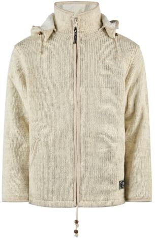 THC Natural Line Handgefertigte Schafwolljacke Damen & Herren – Strickjacke in Ripp-Optik mit warmem Fleece-Futter – Naturweiß 623 – Warme Wolljacke mit abnehmbarer Kapuze