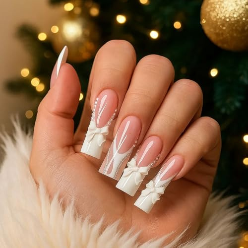 Press On Nails Long Square French Tip False Nails with White 3D Bowknot & Pearls – Elegant Christmas Stick On Nails for Women, Cute Acrylic Fake Nails for Holiday Parties & Gifts