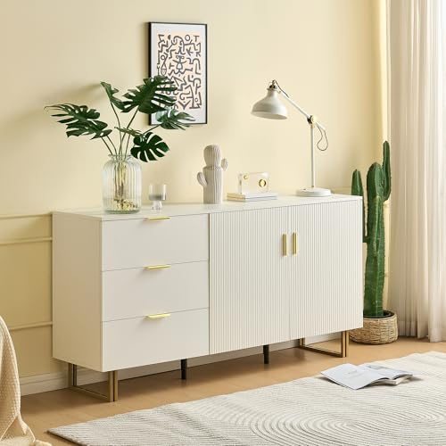 Modernes 2-Türiger und 3-Schubladen Sideboard,Elegantes MDF-Möbel mit goldenen Zinklegierung-Griffen und Stahlbeinen in Braun,für Wohnzimmer und Esszimmer, Weiß,160x40x81,5 cm