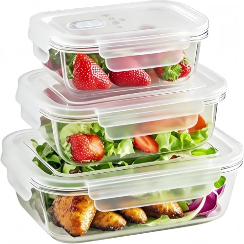 3 Piece Airtight Glass Food Storage Containers with Clear Lids | Airtight seal keeps food fresh, Oven microwave, Reusable, Large capacity family set, Glass lunch box clear, Picnic office use