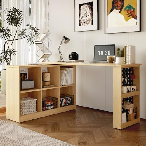 DACHETOU Multifunktionaler Bürotisch, Natural, 140 x104x75cm Sechsfach-Lagerschrank + Ablage, breite und Dicke Schreibtischplatte, Lochplatte + Ablage, veränderbare Form