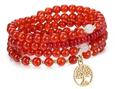 PiercingJak Mala Kette 108 Perlen Gebetskette mit Lebensbaum Charm Anhänger | 6mm Naturstein Obsidian Karneol Perlenkette für Damen Halskette Buddhismus Healing Reiki Yoga Schmuck Spirituelle Geschenke