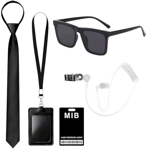 AIWXEEU 5 Stück Agent Kostüm Zubehör, Spion Kostüm Zubehör mit Schwarzer Sonnenbrille Zip Krawatte Hörer ID Karte und Kartenhalter, Men in Black Agentenkostüme, für Cosplay Party