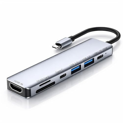 USB-C Hub 7-in-1 Multiport Adapter für MacBook Pro/Air, 4K HDMI, 100W PD Ladefunktion, USB 3.0 & USB 2.0, SD/TF Kartenleser, Aluminium Typ-C Dock für Chromebook, Dell, HP & USB-C Geräte