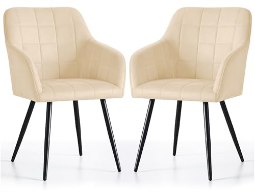 AKORD 2er Set Polsterstühle mit quadratischen Ziernähten LUXANO, Gepolstert mit Armlehnen, Schwarzen Metallbeinen, Esszimmerstühle für Küche & Esszimmer, 58 x 54 x 82 cm, Beige