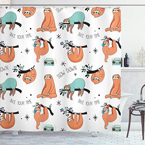 ABAKUHAUS Faultier Duschvorhang, Faultiere auf Branchen, Stoffliches Gewebe Badezimmerdekorationsset mit Haken, 175 x 220 cm, Blassblau Orange Schwarz