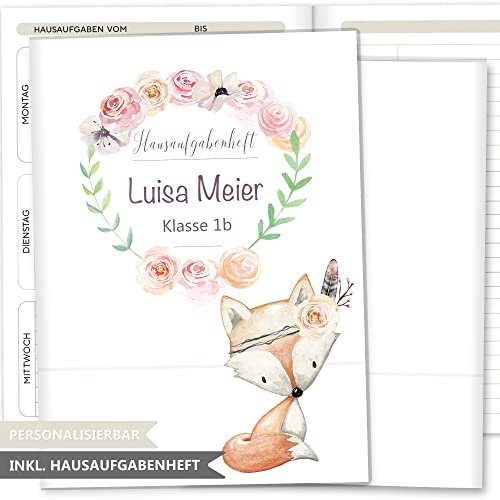 Olgs Hausaufgabenheft Hülle Cute Boho inkl. Heft Schulheft Schutzhülle Umschlag Geschenkidee Einschulung personalisierbar mit Namen und die Schulklasse (personalisiert, Fuchs)