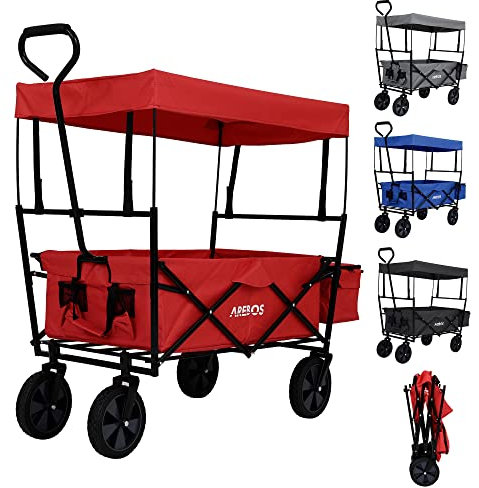 Arebos Chariot de Transport Pliable avec Toit| 2X Poches en Filet et 1x Poche extérieure | pneus Pleins en Caoutchouc | XXL | capacité de Charge de 70 kg | Rouge