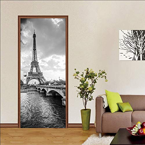EKSDG Sticker De Porte Trompe L'Oeil Effet 3D Intérieure Muraux 77X200Cm Tour Eiffel En Noir Et Blanc Pvc Stickers Salle De Bain Cuisine Décoration Auto-Adhésif Amovible Wall Sticker Autocollant