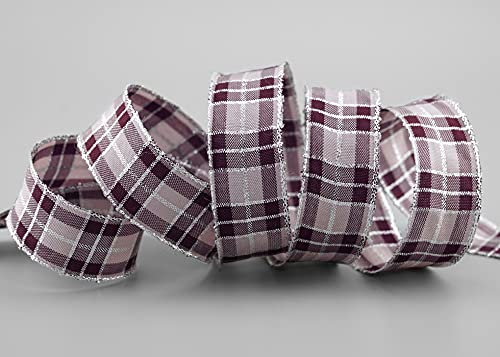 finemark 20 m x 25 mm Karo Weihnachtsband Pflaume Silber (259) mit Lurex Drahtkantenband Lila Dekoband Geschenkband Schottenkaro Glanzband Goldkante Draht Schleifenband Winter Christmas Check