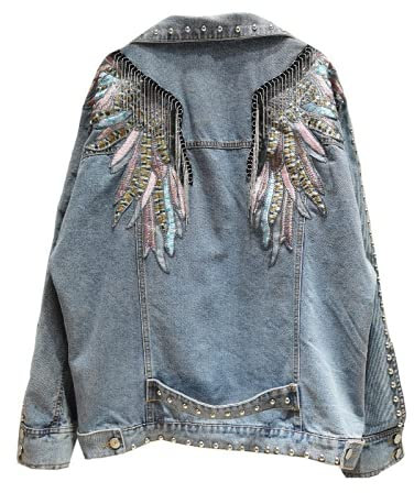 HUITAILANG Giacca di Jeans Donna, Giacca di Jeans con Ricamo Casual con Ali di Rivetto, Cappotto alla Moda, Blu, Taglia Unica