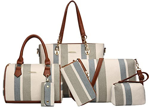 2E-youth Damen Set Tote Handtasche Umhängetasche Geldbörse, 2E-Streifen, Grau