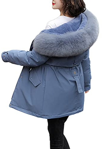 Minetom Manteau Femme Hiver Doudoune Chaud Parka Longue Blouson À Capuche en Fausse Fourrure Trenche Grande Taille Duvet en Coton C Bleu S