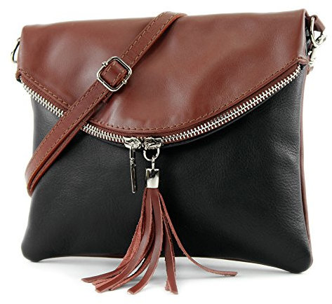 modamoda de - T139 - ital Umhängetasche Klein aus Nappaleder, Farbe:T139 Schwarz/Braun