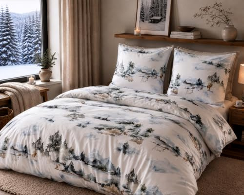 Bettwaesche-mit-Stil Mako Satin Bettwäsche Winter Wald Garnitur 100% Baumwolle 200x200 + 2X 80x80