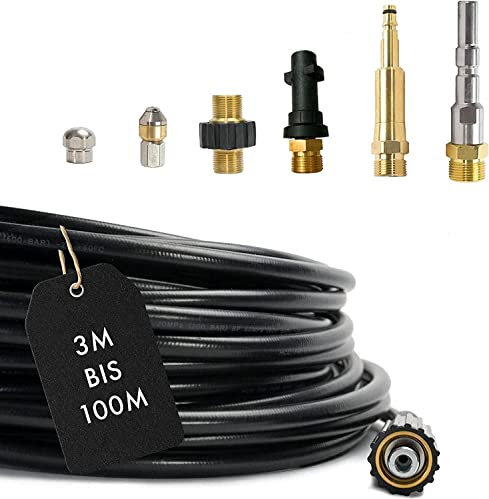 M&M Smartek – 7-teiliger Rohrreinigungsschlauch 160bar für Kärcher, Nilfisk Hochdruckreiniger AG M22 x 1,5 IG & Bajonett & KEW Adapter & 2x rotierende Düsen & Quick Connect (20 Meter)