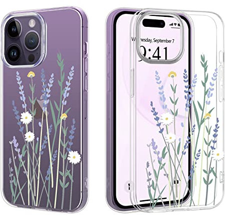 Clear Phone Case Compatible with iPhone 14 Pro Soft Silicone Shockproof Transparent TPU Protective Daisy Floral Lavenders Patterns Design Case Girls&Women Cute Cover