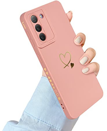 Newseego Handyhülle Kompatibel mit Samsung Galaxy S21 5G Hülle für Frauen Mädchen, Gold Herz Muster Weich Flüssigsilikon S21 Hülle Niedlich Herz Rand Kamera Schutzhülle für Samsung Galaxy S21-Rosa