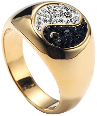HIJONES Herren Bagua Yin Yang Amulett Ring aus Rostfreier Stahl Mode Cubic Zirkonia Verkrustete Band Gold Größe 62 (19.7)