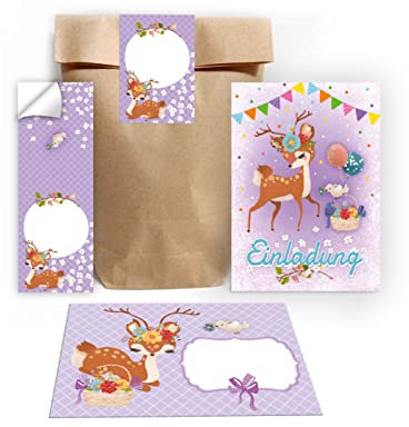 Junapack 12 Einladungskarten zum Kindergeburtstag Geburtstag Mädchen Reh incl. 12 Umschläge, 12 Tüten/natur, 12 Aufkleber