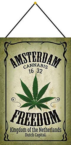 DekoDrom® Motiv Blechschild 20x30 cm mit Kordel Cannabis Hanf Weed Gras Amsterdam Holland Wand Schild Dekoration Bar Kneipe Sammler