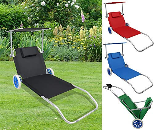 VCM Sonnenliege klappbar | Maße ca. L. 165 x H. 16 x B. 65 cm | Gartenliege mit Rollen | leicht und kompakt | Liegestuhl mit Sonnendach