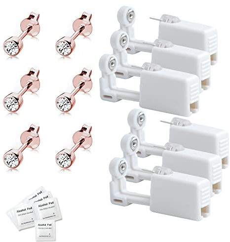 Voarge 6 Stück Ohrlochstechpistole, Einweg-Steril-Sicherheits-Ohrnasen-Piercing-Pistolen-Kit Schmerzfreies Selbst-Piercing-Werkzeug mit Ohrstecker-Asepsis-Pierce-Kit, Rose Gold