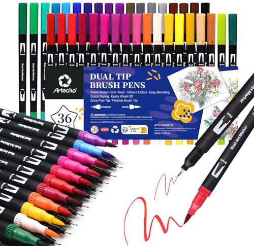 Artecho Dual Brush Pen Set 36 Farben, Filzstifte Dicke und Dünne, Pinselstifte set, Stifte für Bullet journal, Kalligraphie, Manga, Malbücher und Handlettering