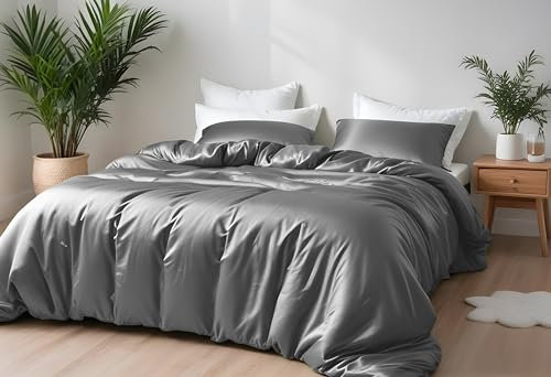 LINENWALAS Bambus-Bettwäsche-Set, Premium-Bettbezug-Set aus Bambusseide mit Kissenbezug, 3-teiliges Bettwäsche-Set, 200x200 cm, luxuriöser, weicher, kühlender Bettbezug (Hellgrau)