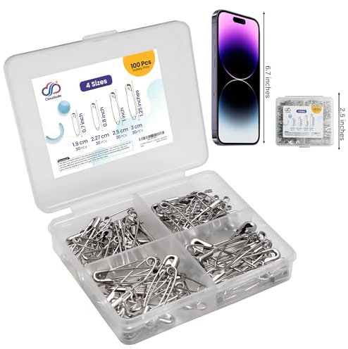 CLOUDSALE 100 Pack Safety pins - 4 Assorted Small Sizes, (17mm, 20mm, 25mm, 31mm), Nickel Plated Rust Resistant Steel. Sharp Edged Pins with Clasp. for Arts & crafts, Clothing, Sewing, and Dressmaking