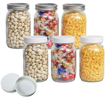 Jumterlee 6 Pack 32 oz Rustic Glass Mason Jars, Wide Mouth with Lids and Bands, Clear Glass