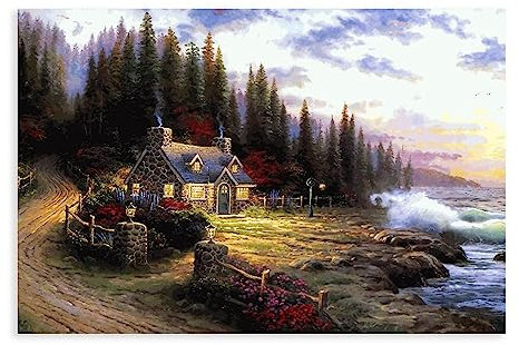 GUyfam Thomas Kinkade Poster, Landhausstil, Poster, Leinwand, Poster, Schlafzimmer-Dekor, Sportlandschaft, Büro, Raumdekoration, Geschenk, 30 x 45 cm