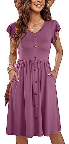 MOLERANI Robe mi-Longue D'été sans Manches V Cou Décontracté Swing Taille élastique avec Poche Robe De Midi pour Les Femmes Violet Pâle 2XL