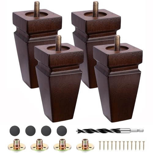 Square Wood Furniture Legs Set of 4 - Wooden Replacement Feet for Couch, Bed, Bench, Dresser, Rubber Wood Parts for Table, Sofa, Wooden Legs Chairs Complete with Installation Hardware (Brown, 5 inch)