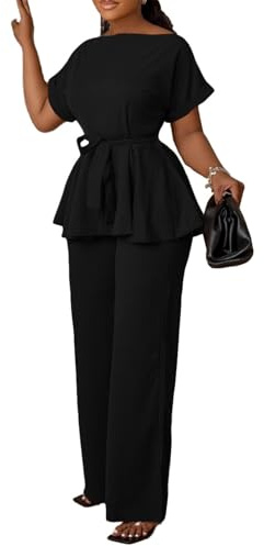 Ekaliy Women's 2 Piece Outfits Peplum Top Flared Pants Sets Pantsuits Black