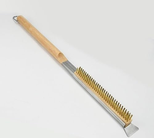 Pizzaofen Bürste, Ofenbürste Mit Schaber, Grillbürste Messing Mit Holzgriff, Messingbürste Pizzaofen Zubehör für Pizzaofen Gasgrill, Grillbürste, Pizzastein Grillzubehör (Rubber Wood)