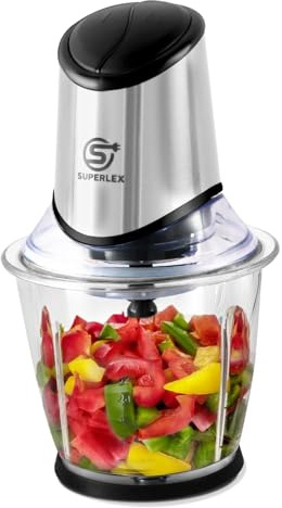 SUPERLEX Elektrischer Zerkleinerer Küche 1,5L Glasbehälter 400W Motor | Multizerkleinerer mit 6-Blatt-Edelstahlklingen, 2 Geschwindigkeiten und Deckel für Gemüse, Obst, Fleisch, Nüsse und Kräuter