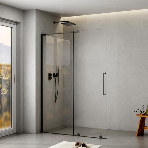 WITEN&NOCK Walk In Dudschwand Cabine de douche, porte coulissante, en verre transparent ESG de 8 mm avec revêtement nano noir mat 120 x 195 cm