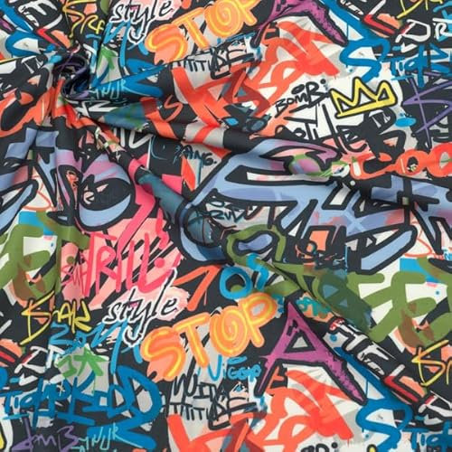 STOFFKONTOR Bi-Stretch Jersey Stoff Sportswear Graffiti - Öko-Tex Standard 100 - Meterware, Farbe Multicolor - zum Nähen von Sportbekleidung UVM.