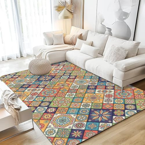Farbenfroher Mandala-Blumen-Teppich, 12,7 x 17,8 cm, rostfrei, waschbar, großer Teppich für Wohnzimmer, ultraweich, rutschfest, Schlafzimmerteppich, Druck, Used-Look, Landhaus-Teppich für Esszimmer,